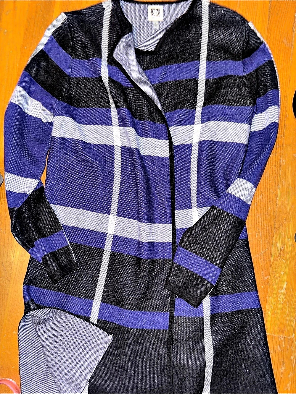 Anne Klein Plaid Cardigan in indigo blue white stripe lines Black